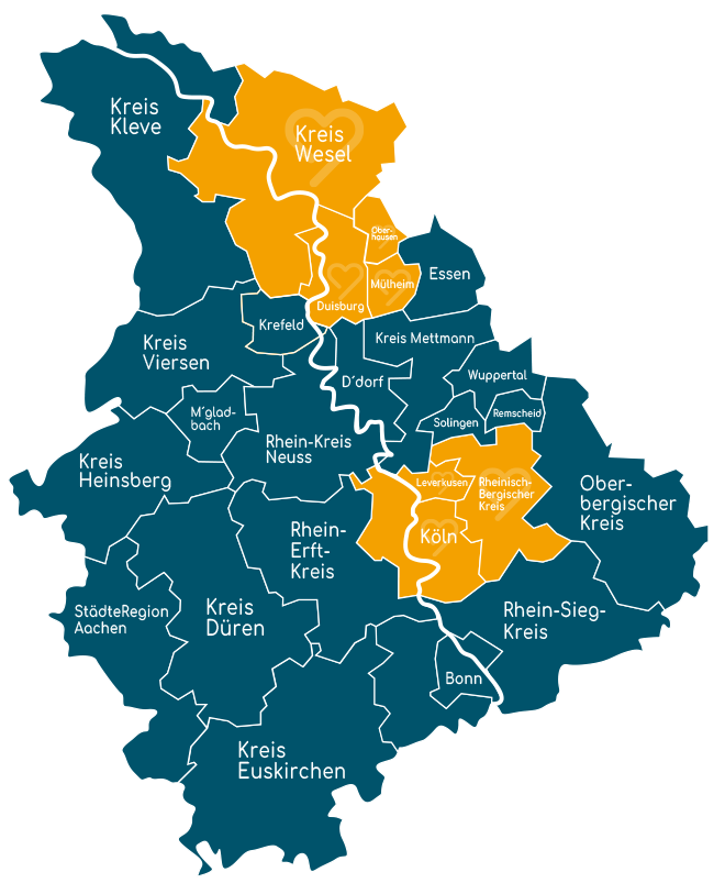 NRW-Landkarte mit orange gefärbten Einsatzgebieten von inkomm